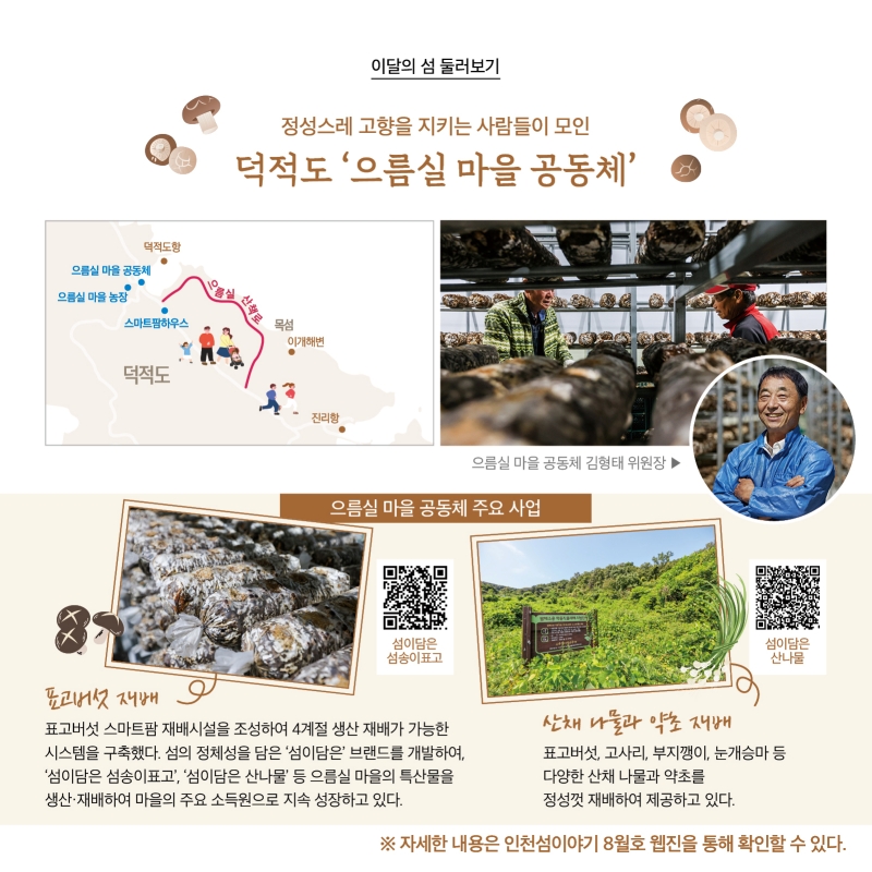 이달의 섬 둘러보기  정성스레 고향을 지키는 사람들이 모인 덕적도 ‘으름실 마을 공동체’ 덕적도 으름실 마을지도  으름실 마을 공동체 김형태 위원장 사진  으름실 마을 공동체 주요 사업 표고버섯 사진 섬이 담은 섬송이 표고 구매 qr 표고버섯 재배  표고버섯 스마트팜 재배시설을 조성하여 4계절 생산 재배가 가능한 시스템을 구축했다. 섬의 정체성을 담은 ‘섬이담은’ 브랜드를 개발하여, ‘섬이담은 섬송이표고’, ‘섬이담은 산나물’ 등 으름실 마을의 특산물을 생산·재배하여 마을의 주요 소득원으로 지속 성장하고 있다.  산채 나물과 약초 재배지 사진 섬이 담은 산나물 구매 qr산채 나물과 약초 재배 표고버섯, 고사리, 부지깽이, 눈개승마 등 다양한 산채 나물과 약초를 정성껏 재배하여 제공하고 있다. 자세한 내용은 인천섬이야기 8월호 웹진을 통해 확인할 수 있다.
