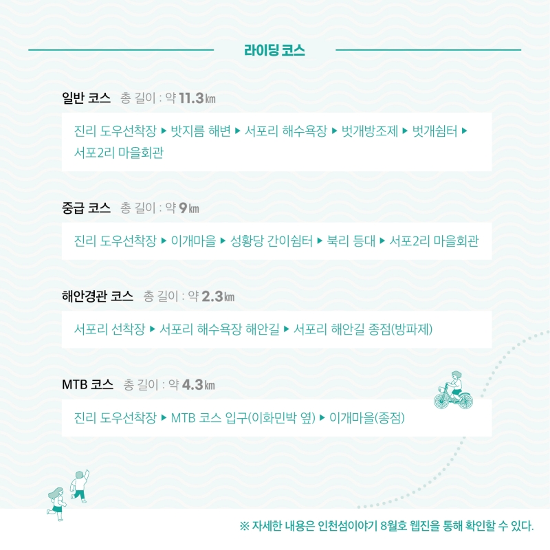라이딩 코스  일반코스 약 11.3㎞ 진리 도우선착장 → 밧지름해변 → 서포리해수욕장 → 벗개방조제 → 벗개쉼터 → 서포2리 마을회관  중급코스 약 9㎞ 진리 도우선착장 → 이개마을 → 성황당 간이쉼터 → 북리등대 → 서포2리 마을회관  해안경관코스 약 2.3㎞ 서포리 선착장 → 서포리해수욕장 해안길 → 서포리 해안길 종점(방파제)  MTB코스 약 4.3㎞ 진리 도우선착장 → MTB 코스 입구(이화민박 옆) → 이개마을(종점)  자세한 내용은 인천섬이야기 8월호 웹진을 통해 확인할 수 있다.