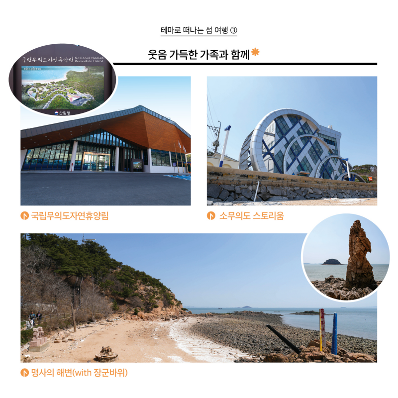 테마로 떠나는 섬 여행 3  사진 웃음 가득한 가족과 함께 7. 국립무의도자연휴양림 8. 소무의도 스토리움 9. 명사의 해변 (with 장군바위)