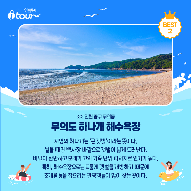 인천투어 무의도 하나개 해수욕장 BEST 2 인천 중구 무의동 지명의 하나개는 ‘큰 갯벌’이라는 뜻이다. 썰물 때면 백사장 바깥으로 갯벌이 넓게 드러난다. 비탈이 완만하고 모래가 고와 가족 단위 피서지로 인기가 높다. 특히, 해수욕장으로는 드물게 갯벌을 개방하기 때문에 조개류 등을 잡으려는 관광객들이 많이 찾는 곳이다.