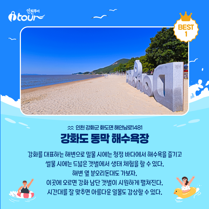 인천투어 강화도 동막 해수욕장 BEST 1 인천 강화군 화도면 해안남로 1481 강화를 대표하는 해변으로 밀물 시에는 청정 바다에서 해수욕을 즐기고 썰물 시에는 드넓은 갯벌에서 생태 체험을 할 수 있다. 해변 옆 분오리돈대도 가보자. 이곳에 오르면 강화 남단 갯벌이 시원하게 펼쳐진다. 시간대를 잘 맞추면 아름다운 일몰도 감상할 수 있다.