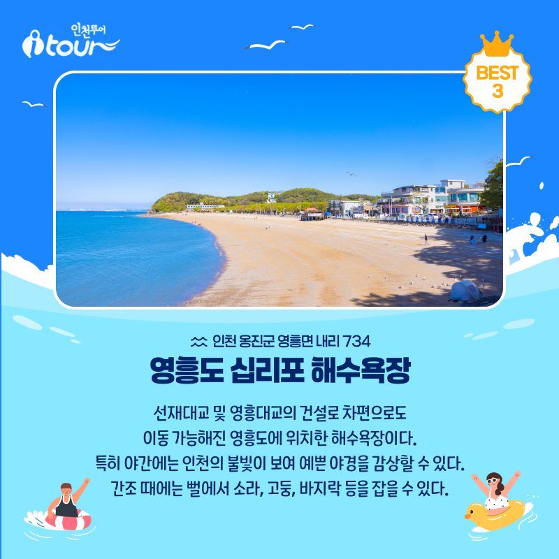인천투어 영흥도 십리포 해수욕장 BEST 3 인천 옹진군 영흥면 내리 734 선재대교 및 영흥대교의 건설로 차편으로도 이동 가능해진 영흥도에 위치한 해수욕장이다. 특히 야간에는 인천의 불빛이 보여 예쁜 야경을 감상할 수 있다. 간조 때에는 뻘에서 소라, 고둥, 바지락 등을 잡을 수 있다.