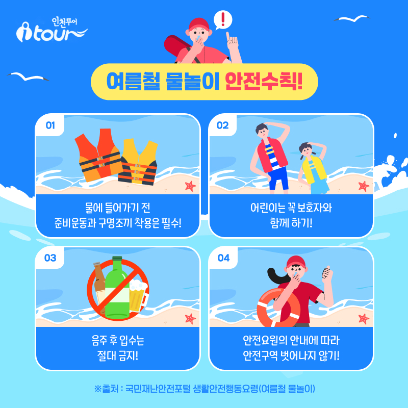 인천투어 여름철 물놀리 안전수칙! 01 물에 들어가기 전 준비운동과 구명조끼 착용은 필수! 02 어린이는 꼭 보호자와 함께 하기! 03 음주 후 입수는 절대 금지! 04 안전요원의 안내에 따라 안전구역 벗어나지 않기! ※출처 : 국민재난안전포털 생활안전행동요령(여름철 물놀이)