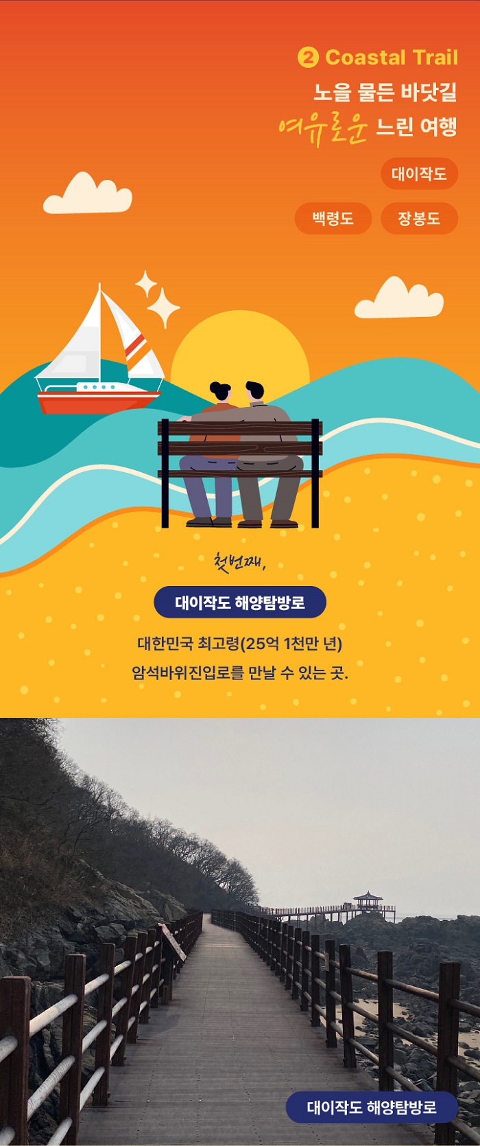 2 Coastal Trail
노을 물든 바닷길 여유로운 느린 여행
대이작도 | 백령도 | 장봉도
첫번째. 대이작도 해양탐방로
대한민국 최고령 (25억 1천만년) 암석바위진입로를 만날수 있는곳