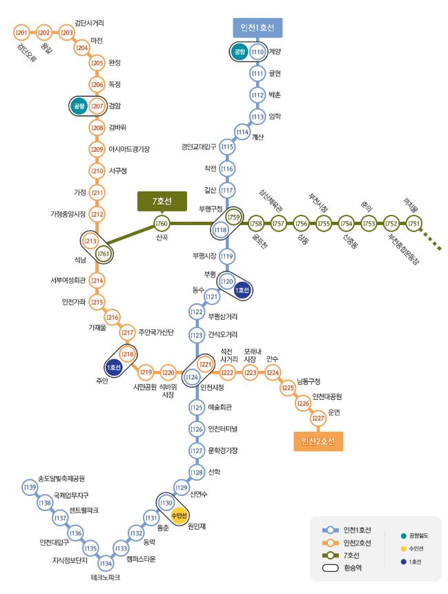 인천1호선, 인천2호선 , 7호선은 전철노선도를 표시 - 자세한 내용은 하단참조