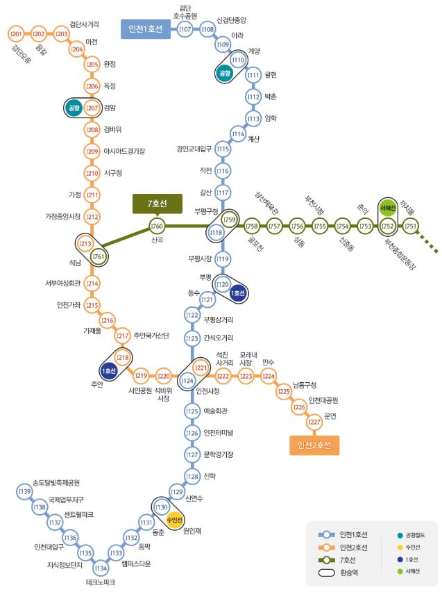 인천1호선, 인천2호선 , 7호선은 전철노선도를 표시 - 자세한 내용은 하단참조